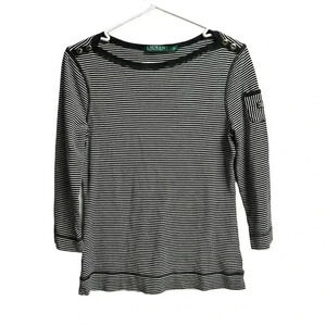 Lauren Ralph Lauren Women's Top Black Cream Stripes 3/4 Sleeves Large